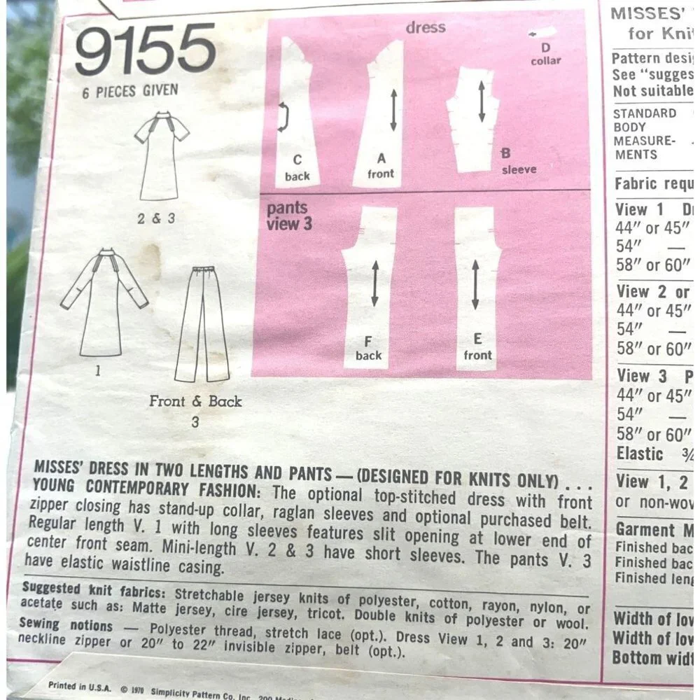 Simplicity Sewing Pattern 9155 Pants Dress KNITS Misses‎ Size 10